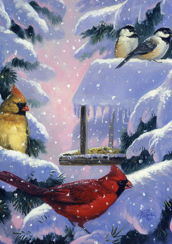 Snowy Cardinals And Chickadees Flag image 1