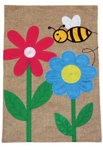 Flowers and Bees Burlap Flag Image