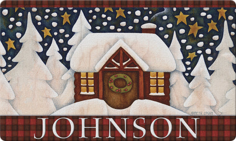 Snowy Cabin Personalized Text Doormat Example of Personalization Custom Product Image
